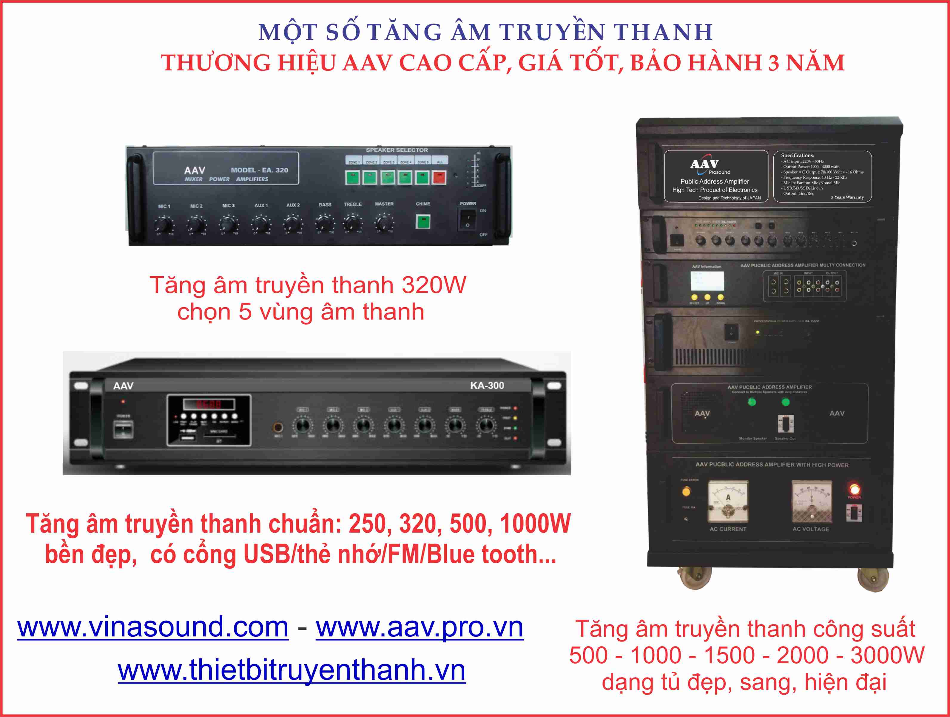Tăng âm truyền thanh AAV 500W, 1000W, 1500W, 2000W, 3000W, 4000W chuẩn, giá tốt, bảo hành 3 năm